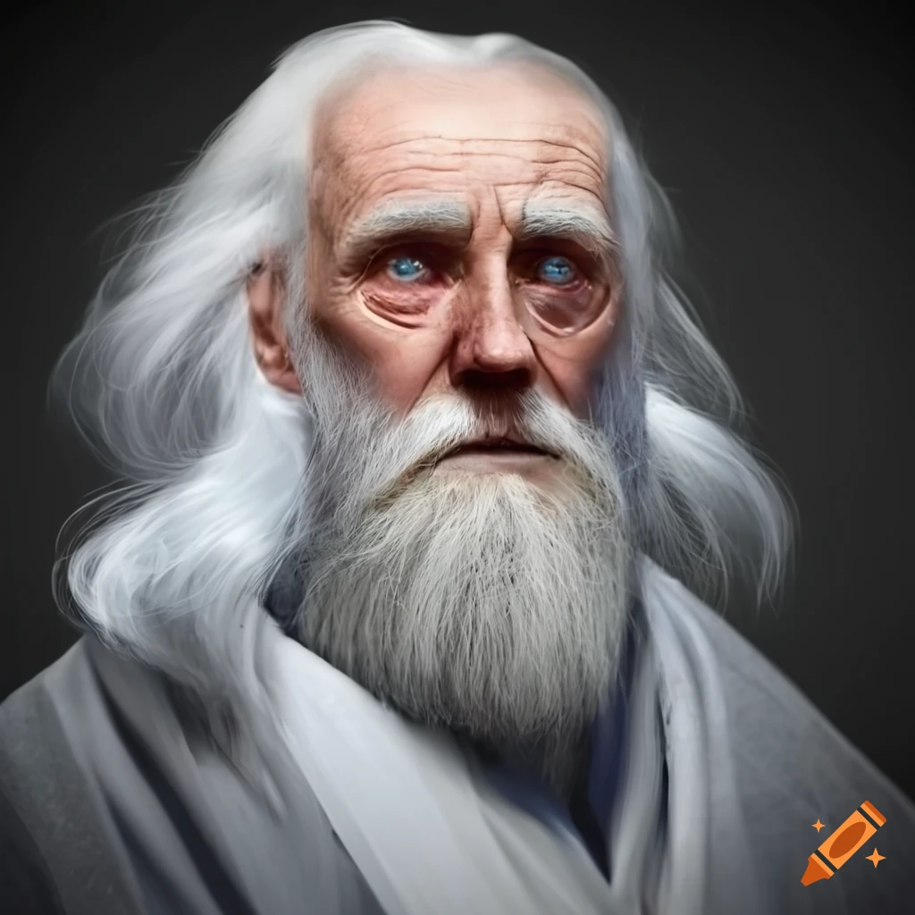 portrait of a wise old man with blue eyes and long white hair