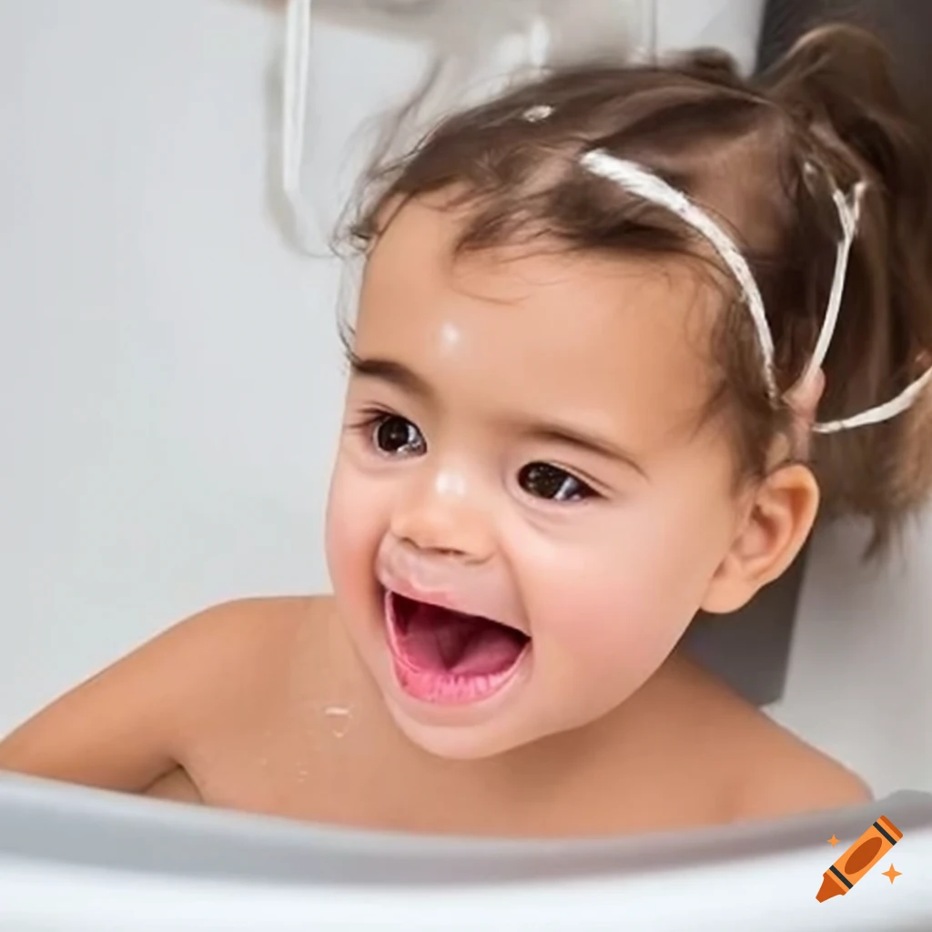 smiling Brazilian toddler girl enjoying bath time