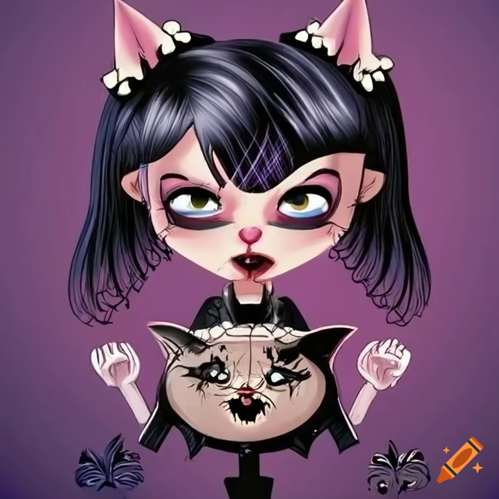 Cartoon goth girls with an angry cat