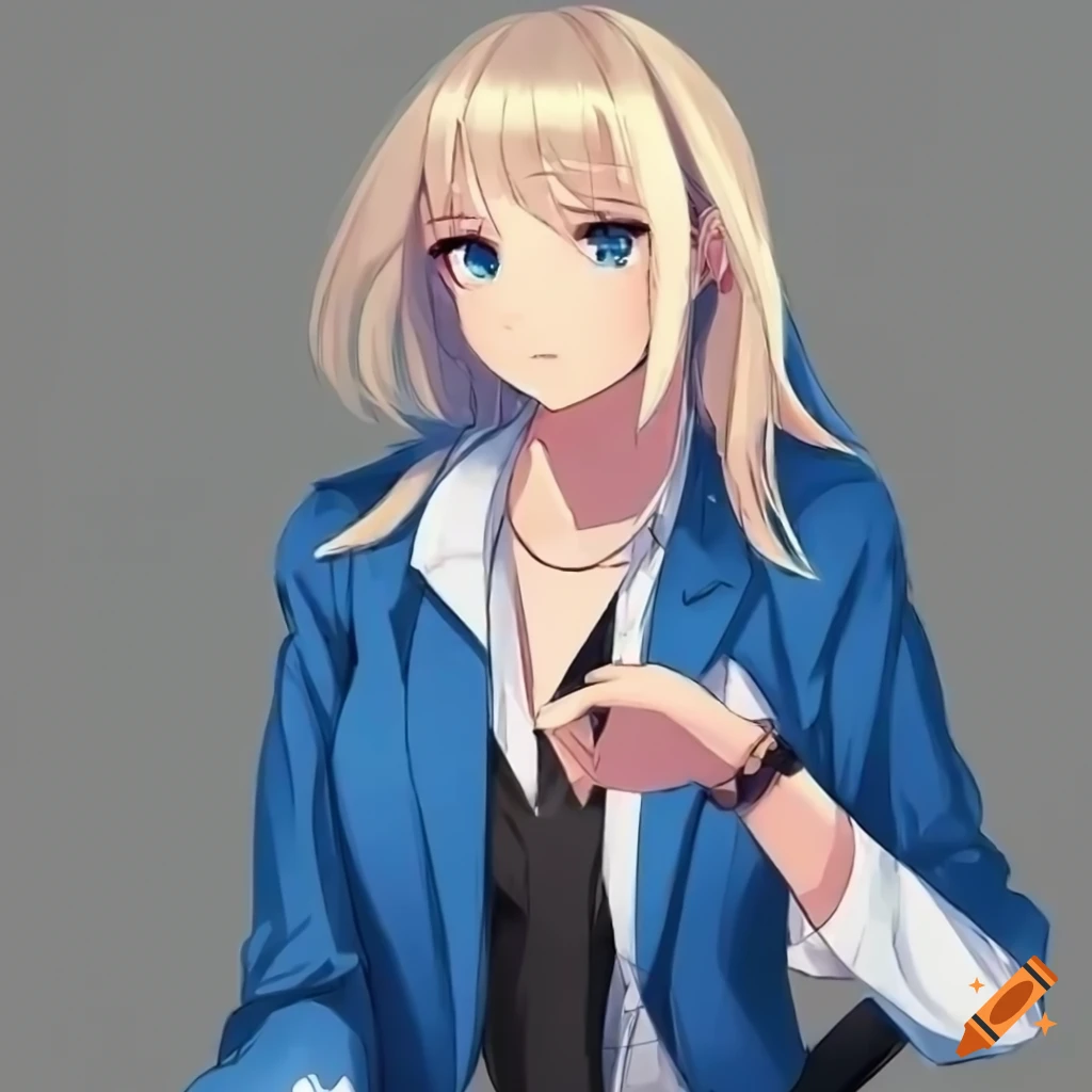 Female anime character, long blonde hair, blue eyes, arrogant, jeans, cool,  nonchalant, blue jacket, jeans, hair over 1 eye