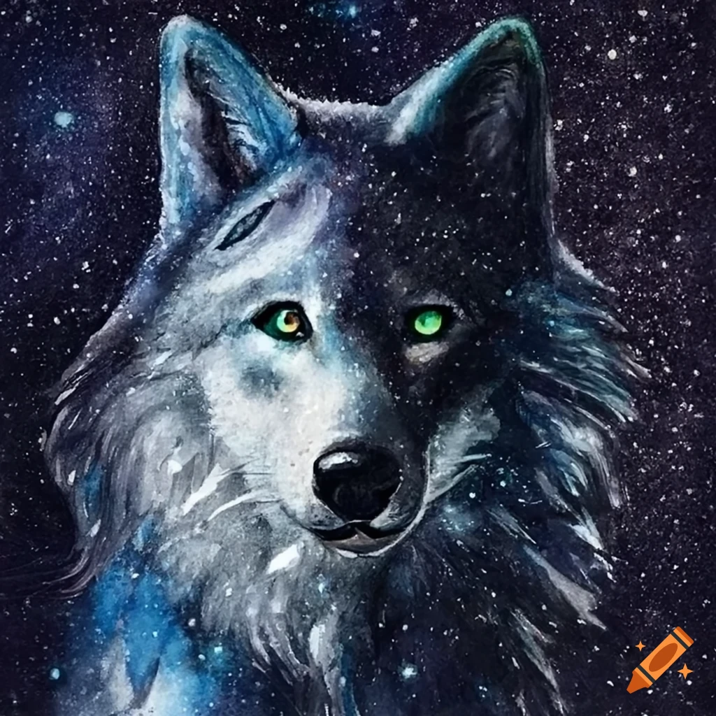 Colored pencil drawing of a mystical galaxy wolf on Craiyon