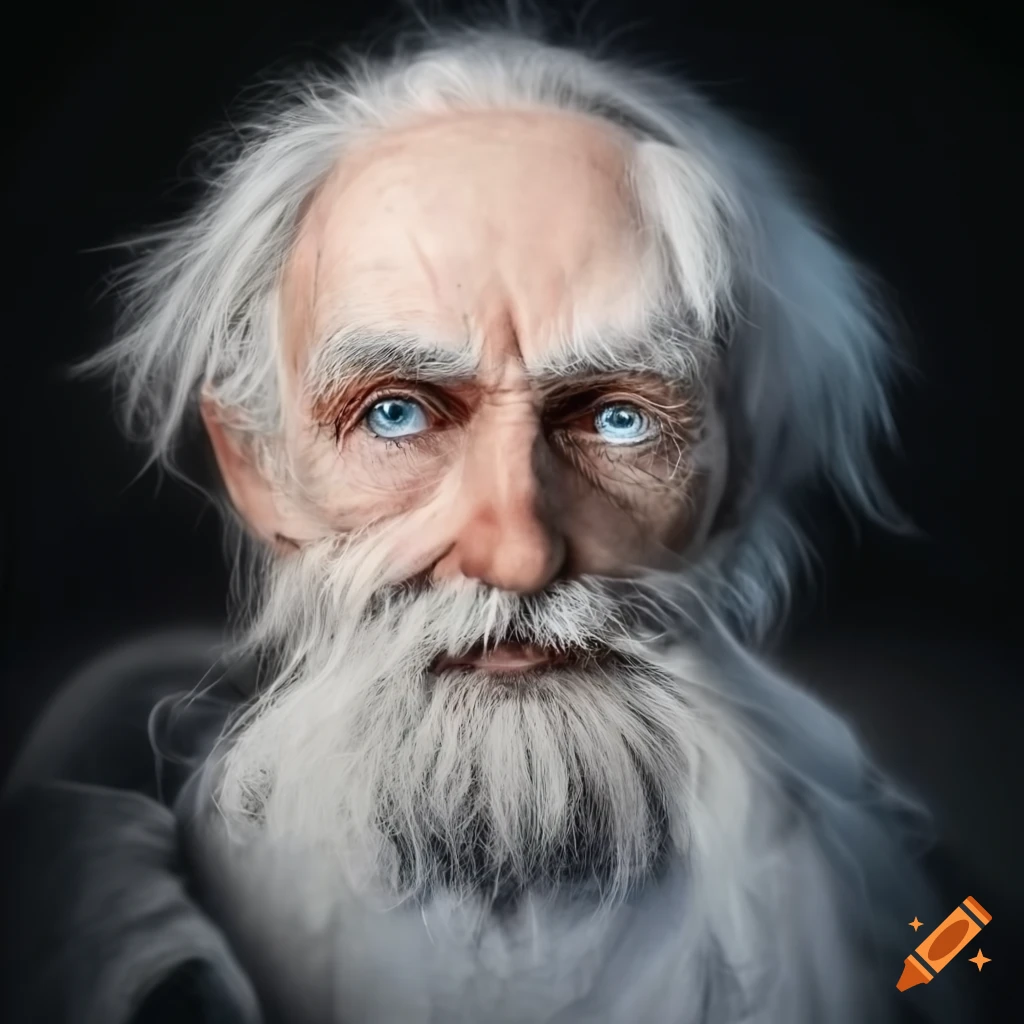 portrait of a wise old man with blue eyes and long white hair