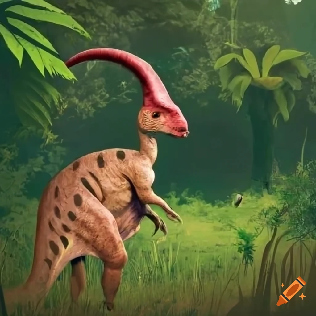 profile view of a parasaurolophus in the jungle