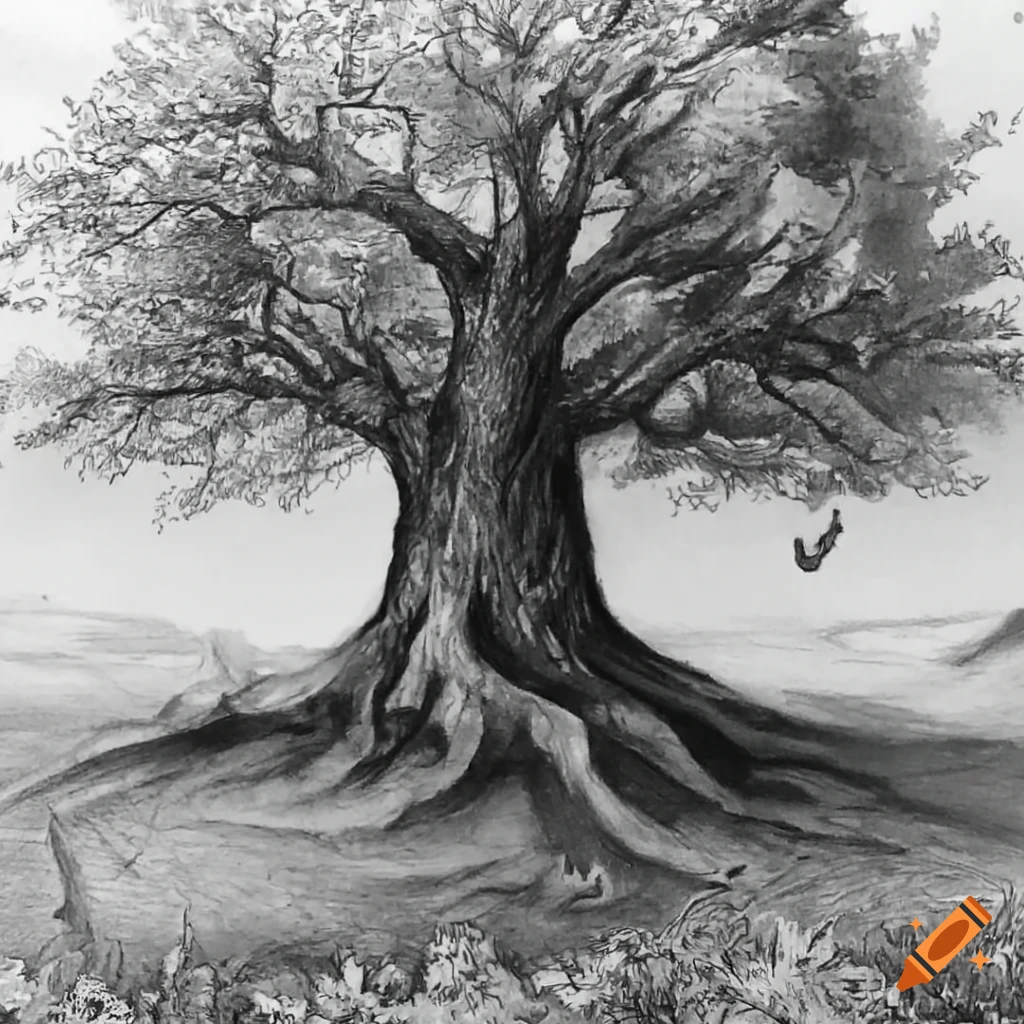 Detailed pencil drawing of an oak tree