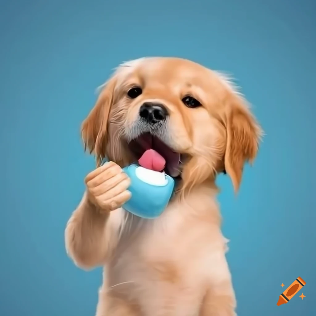 Adorable golden retriever puppy enjoying a yogurt cup on Craiyon