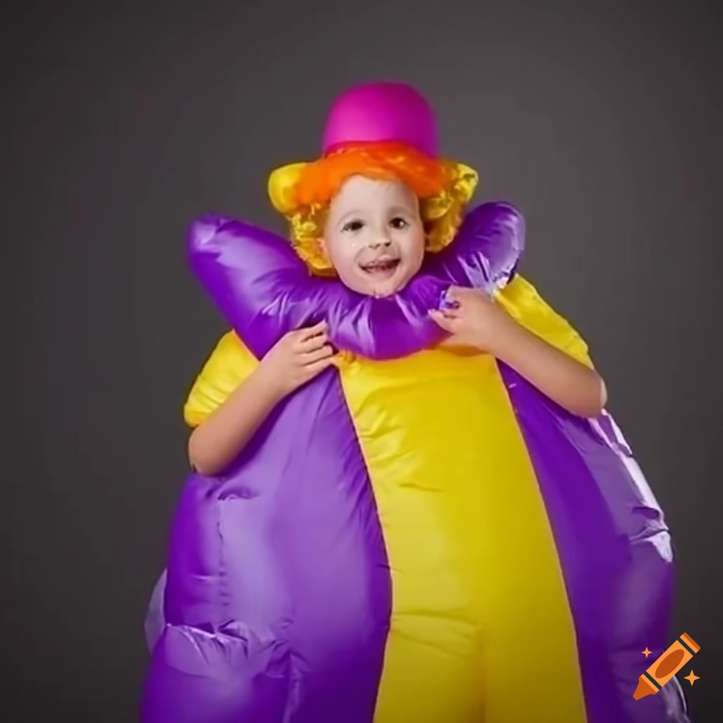 Child in yellow and purple inflatable clown costume