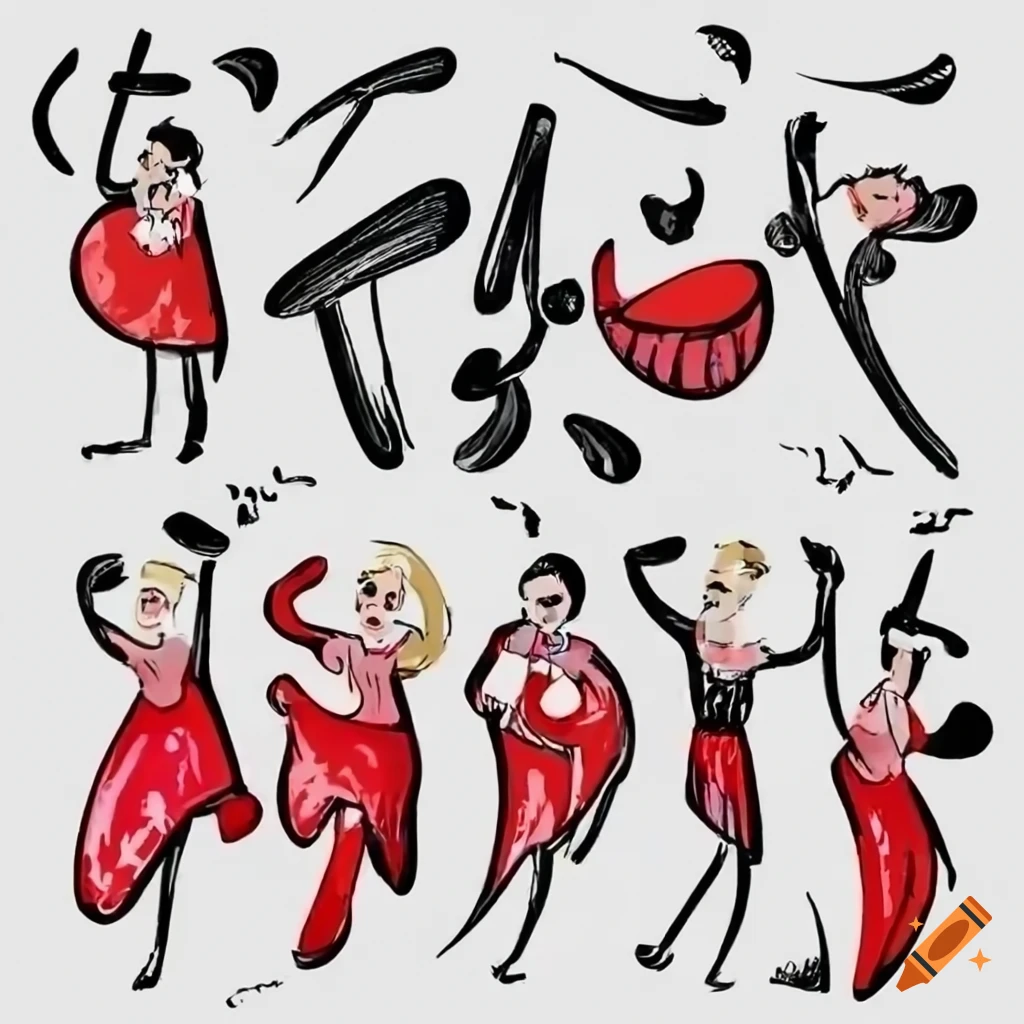 cartoon illustration of dancing English and Chinese letters