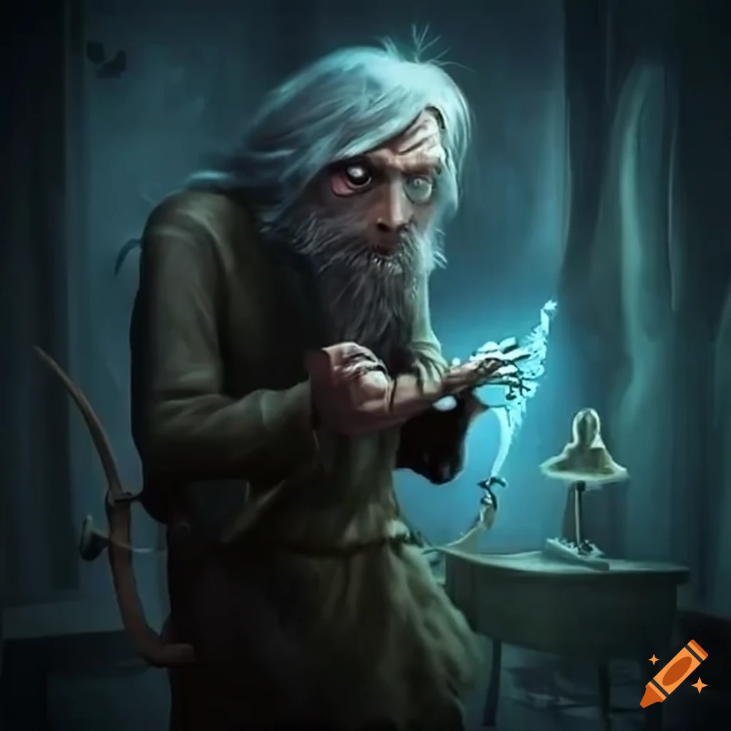 illustration of a wizard using a bow in a magic room