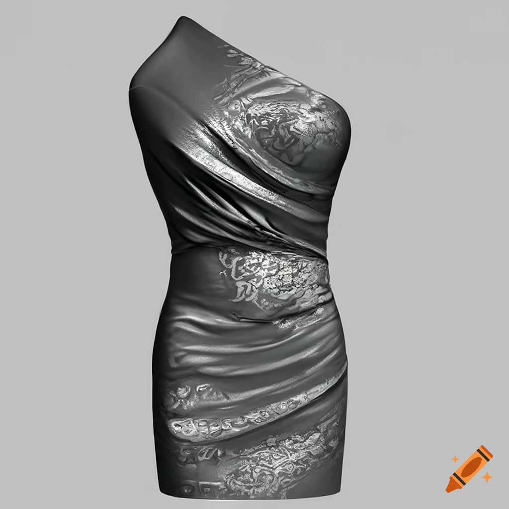 photorealistic close-up of a one-shoulder mini wrap dress in cloque fabric