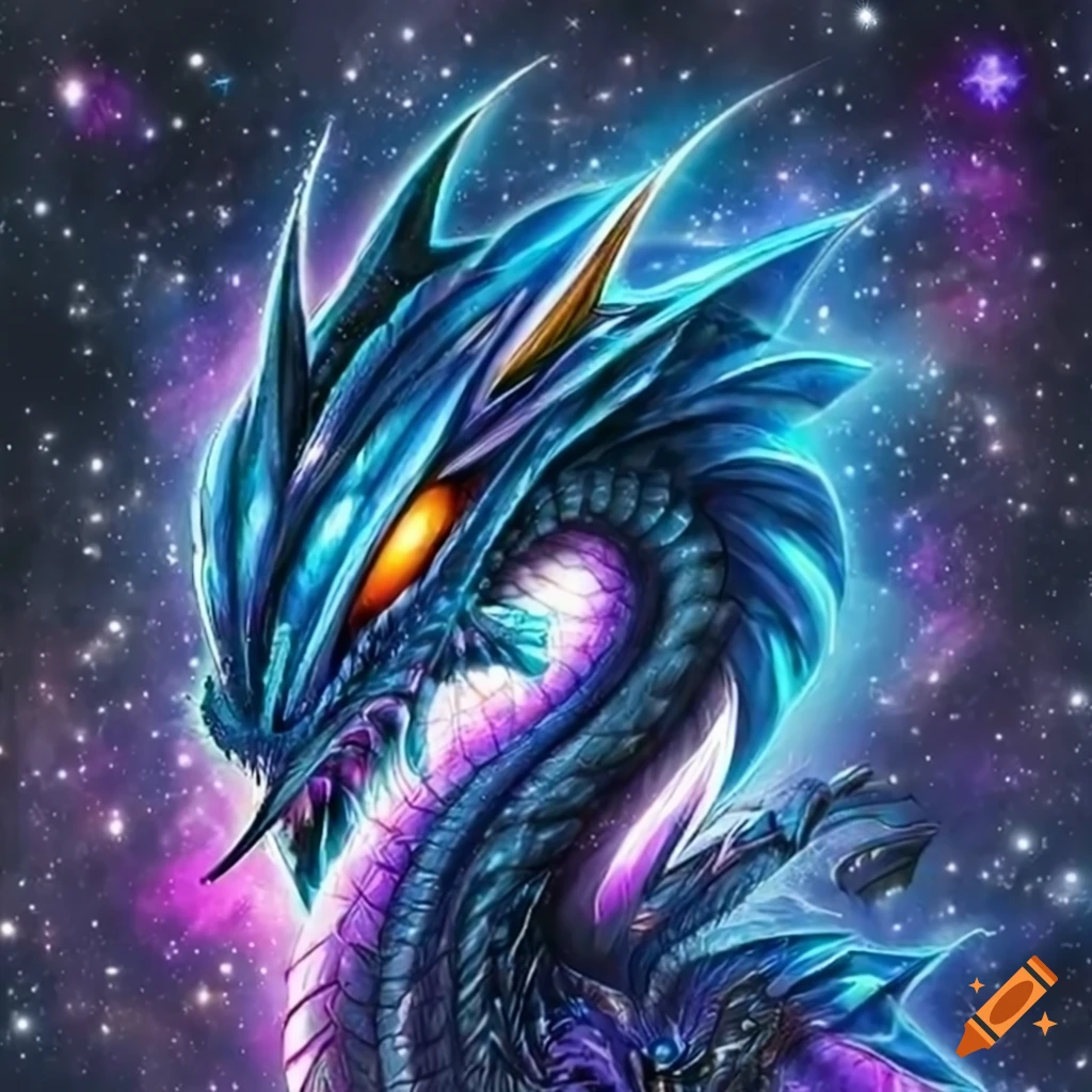 Artwork of a majestic blue dragon in space