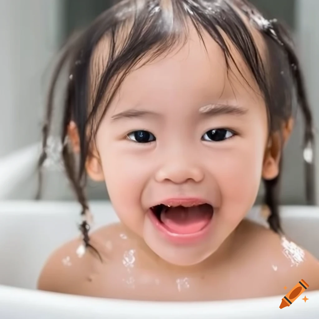 smiling Asian toddler girl enjoying bath time