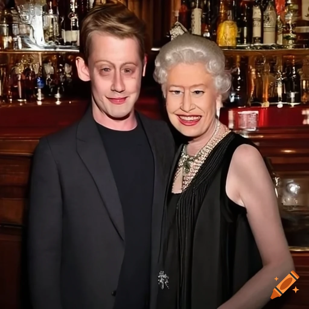 Queen elizabeth and macaulay culkin at a bar on Craiyon
