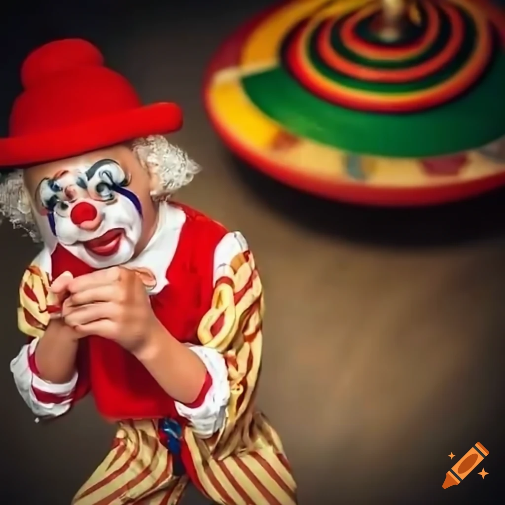 clown performing tricks with a spinning top