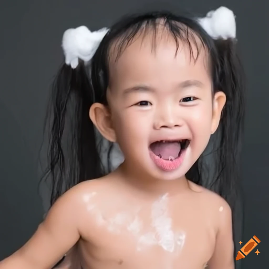 Asian toddler girl enjoying bath time with a white popsicle