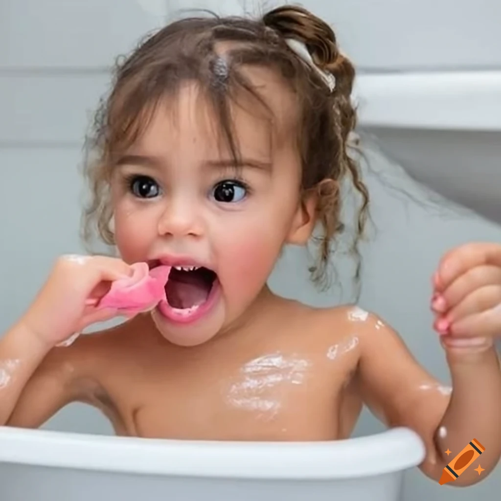 smiling Brazilian toddler girl enjoying bath time