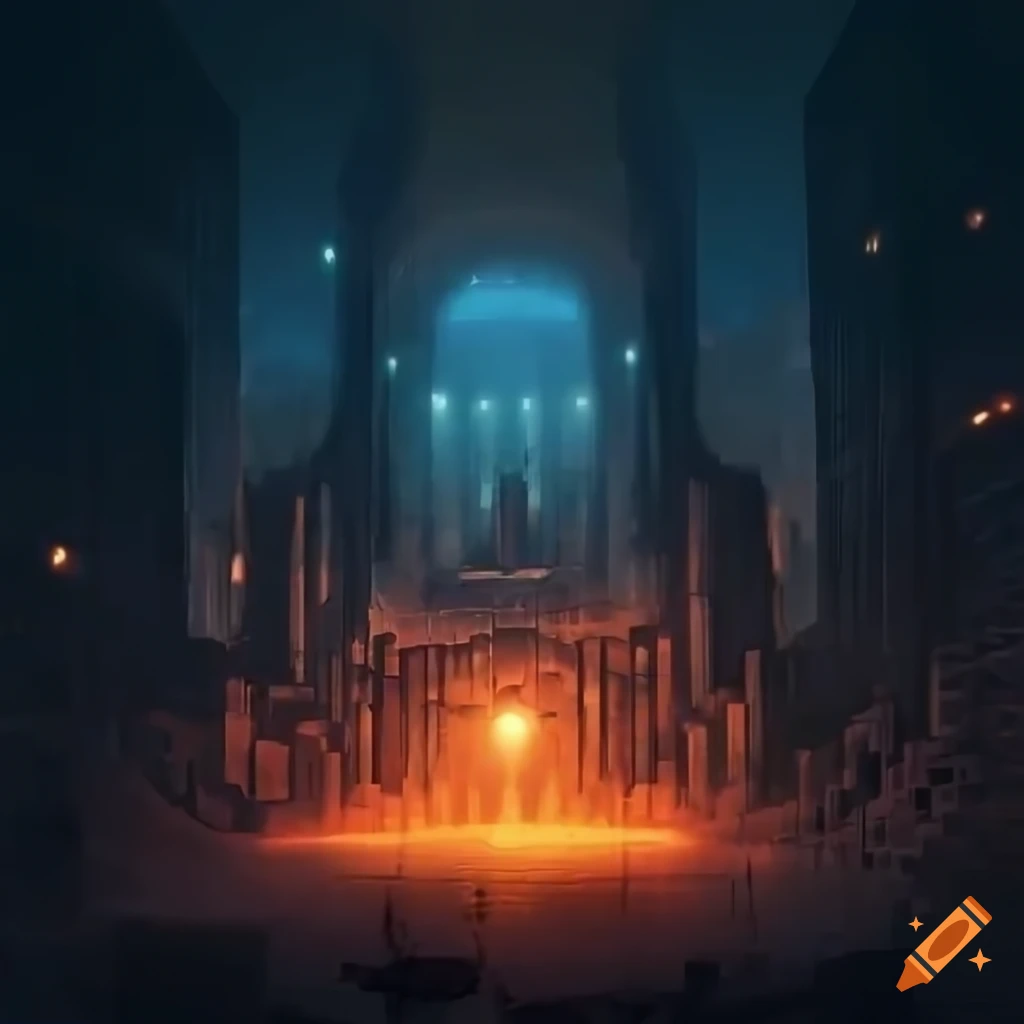 cover art of a deep pit surrounded by a futuristic city