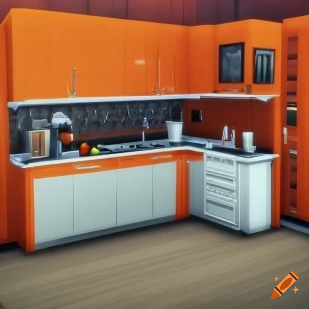 Futuristic kitchen in orange and white