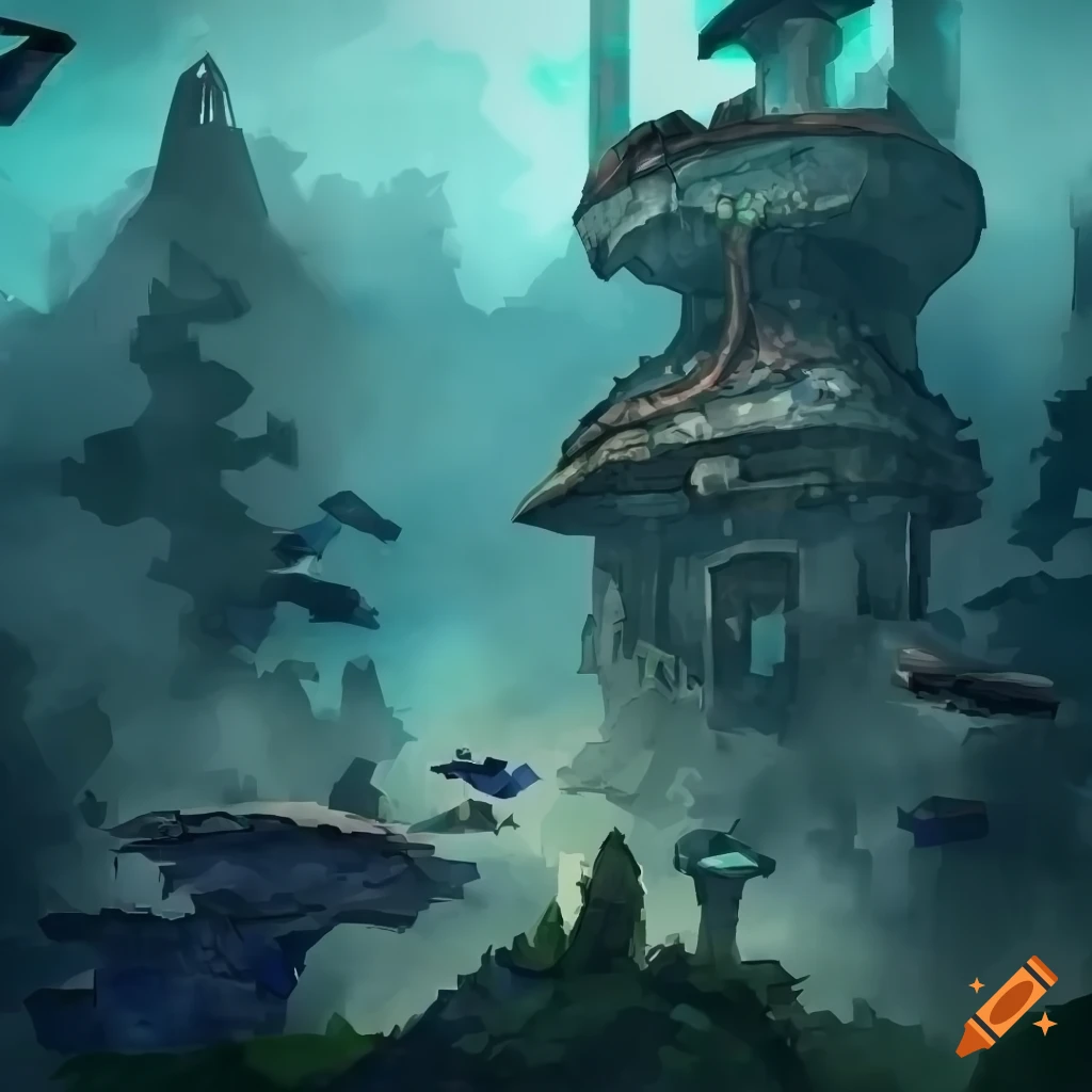 game assets of a mysterious forest base with a futuristic building and flying objects