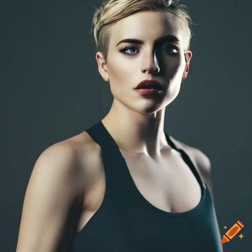 Portrait of a strong, athletic woman with short blonde hair on Craiyon