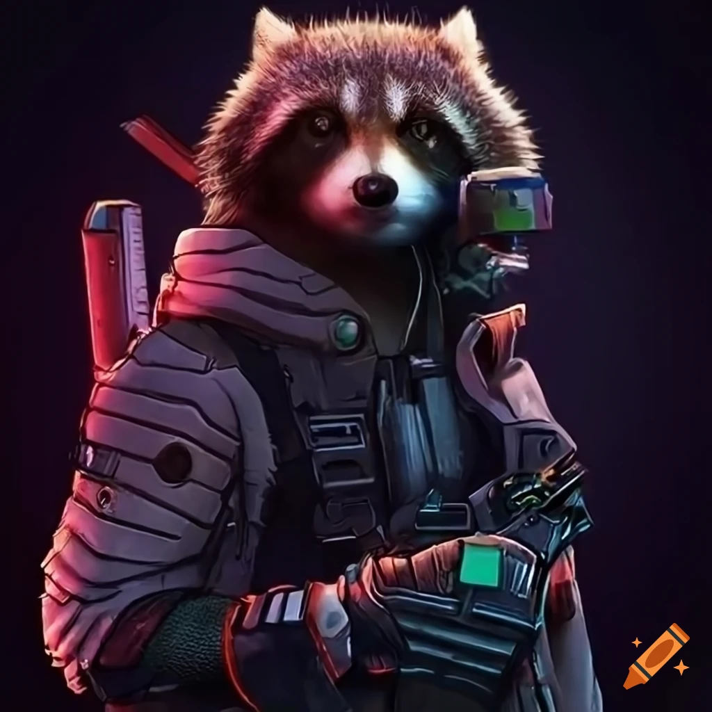 cyberpunk raccoon with helmet and datapad