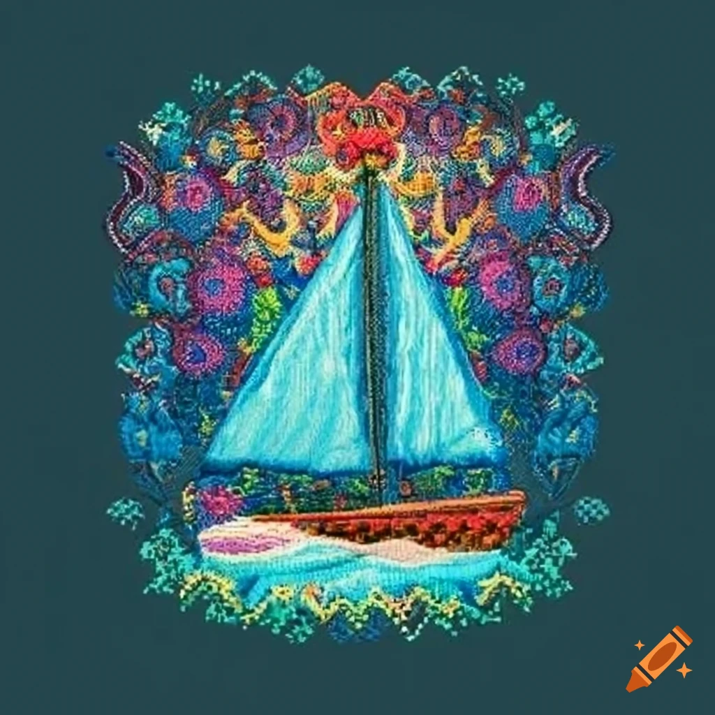 sailboat in Kashubian embroidery style