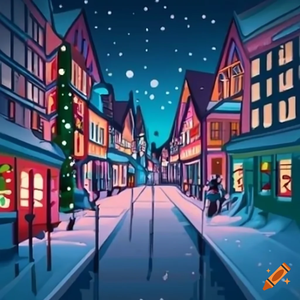 perspective drawing of a Christmas town