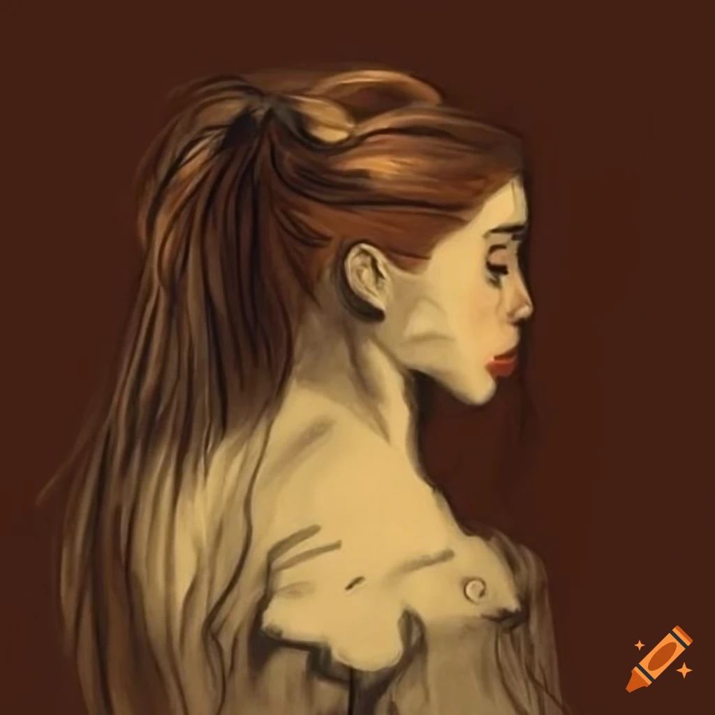 charcoal drawing of a girl with flowing hair