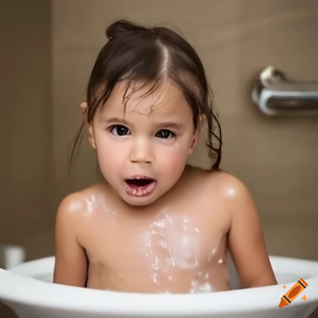 Brazilian toddler girl enjoying bath time with pigtails