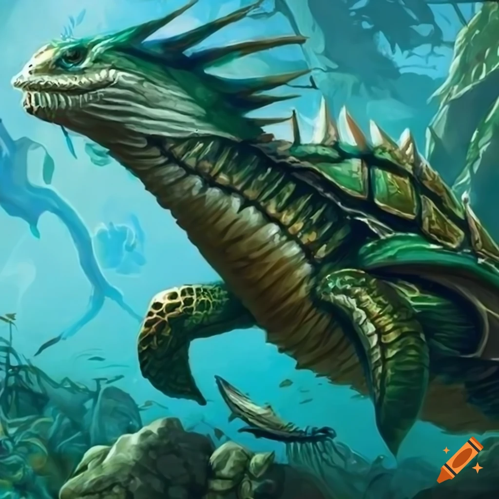 Illustration of an aquatic dragon turtle