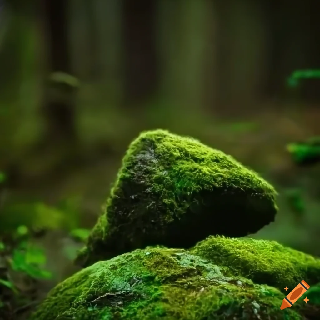 close-up of moss-covered rocks in a dark forest