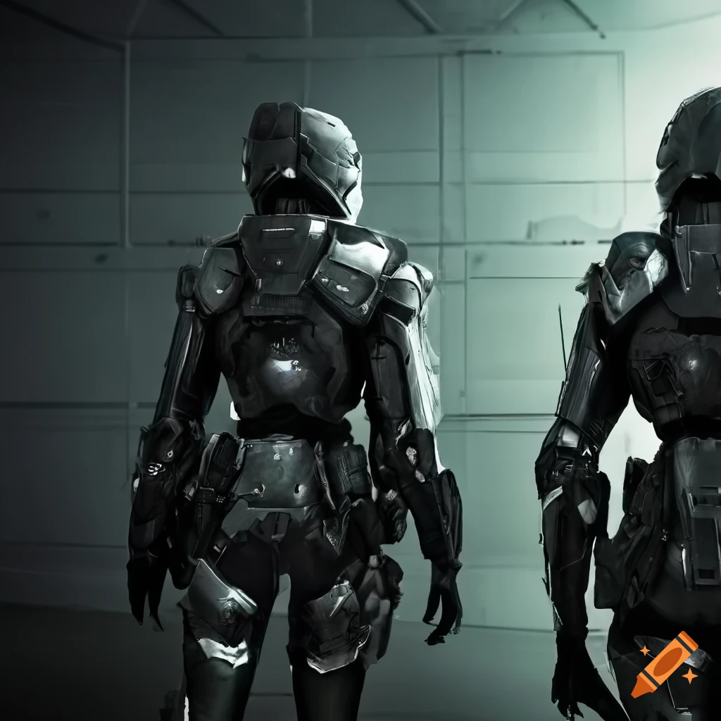 Photo of women in futuristic body armor in an alien storage yard on Craiyon