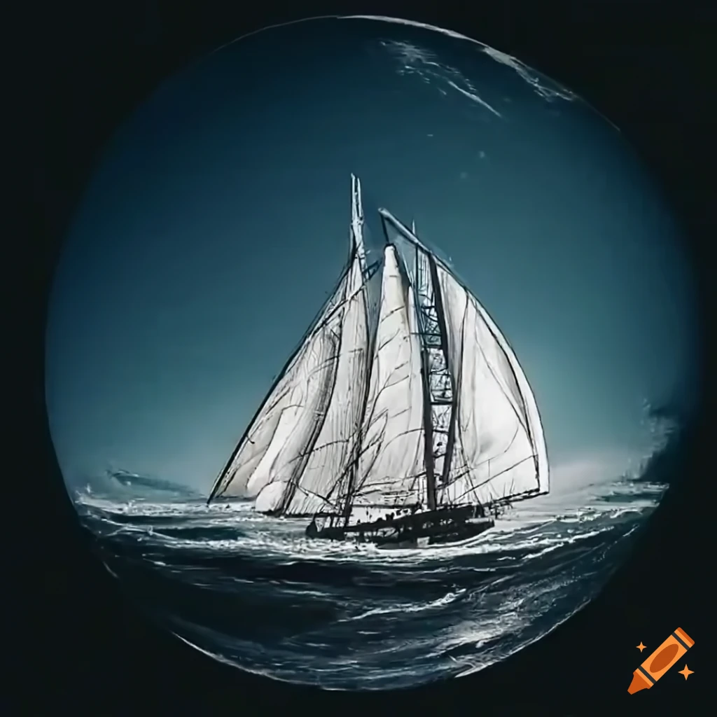 Line art of a sailing ship sailing towards the rising sun on Craiyon