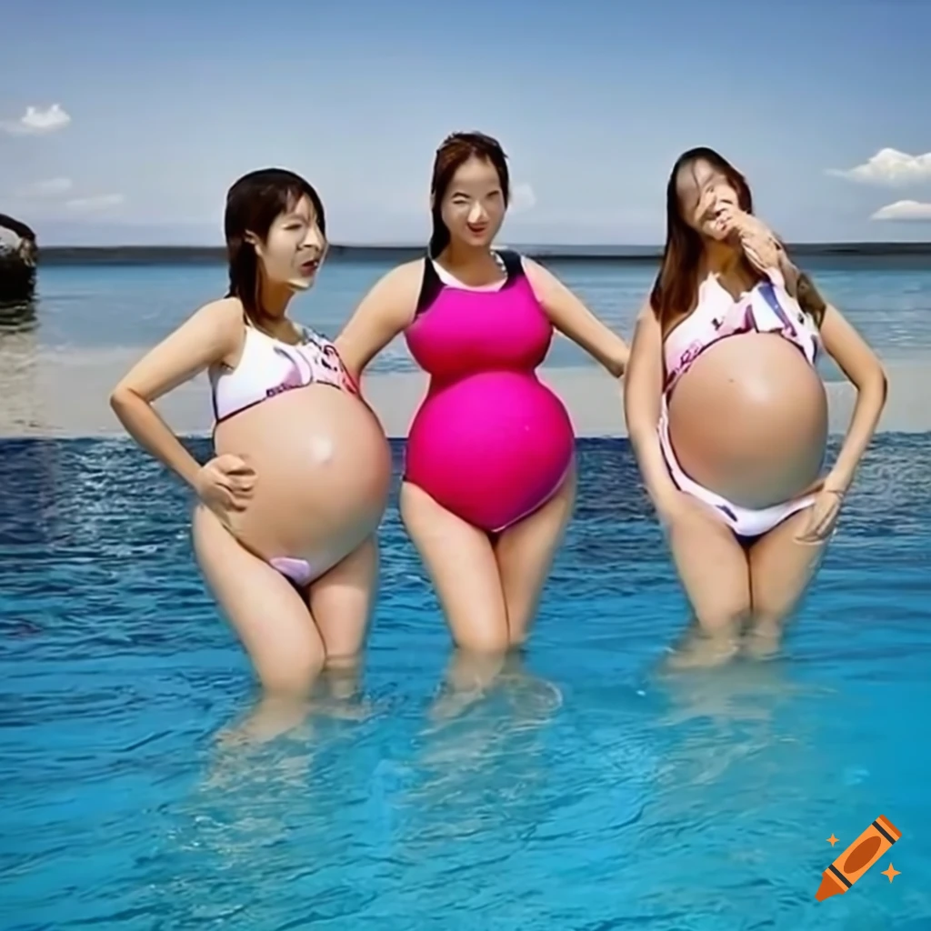 Group photo of pregnant japanese female swim team members in competitive  swimwear on Craiyon