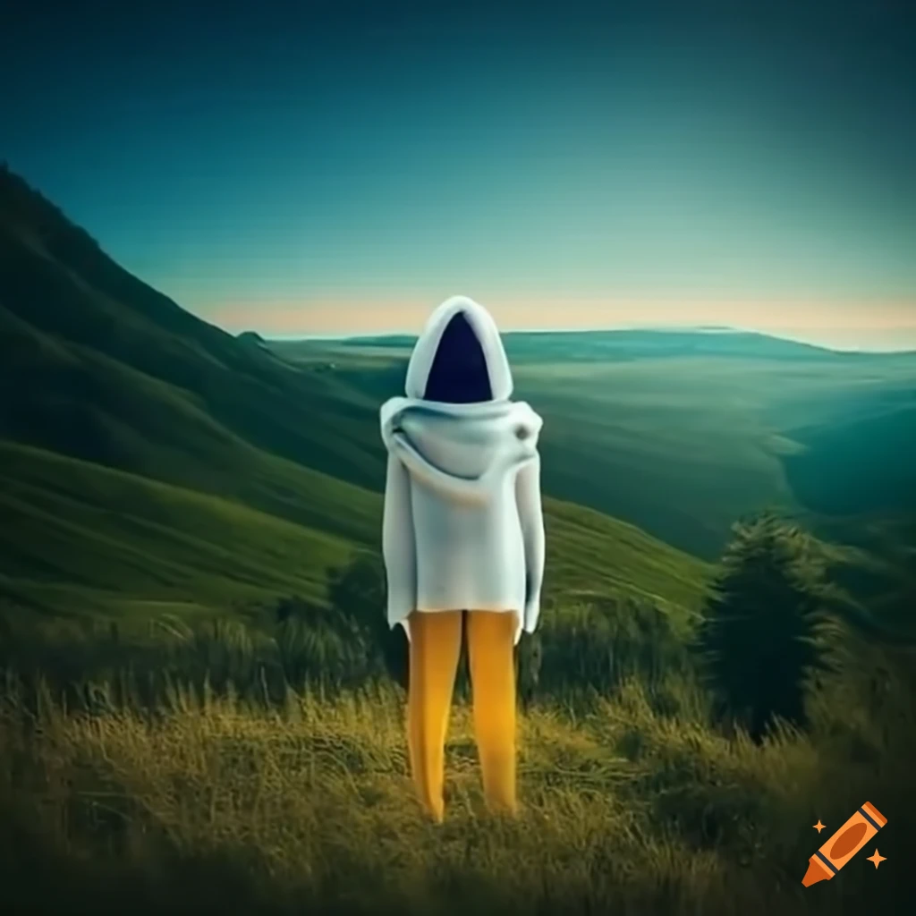 sunny valley with a friendly humanoid enjoying nature