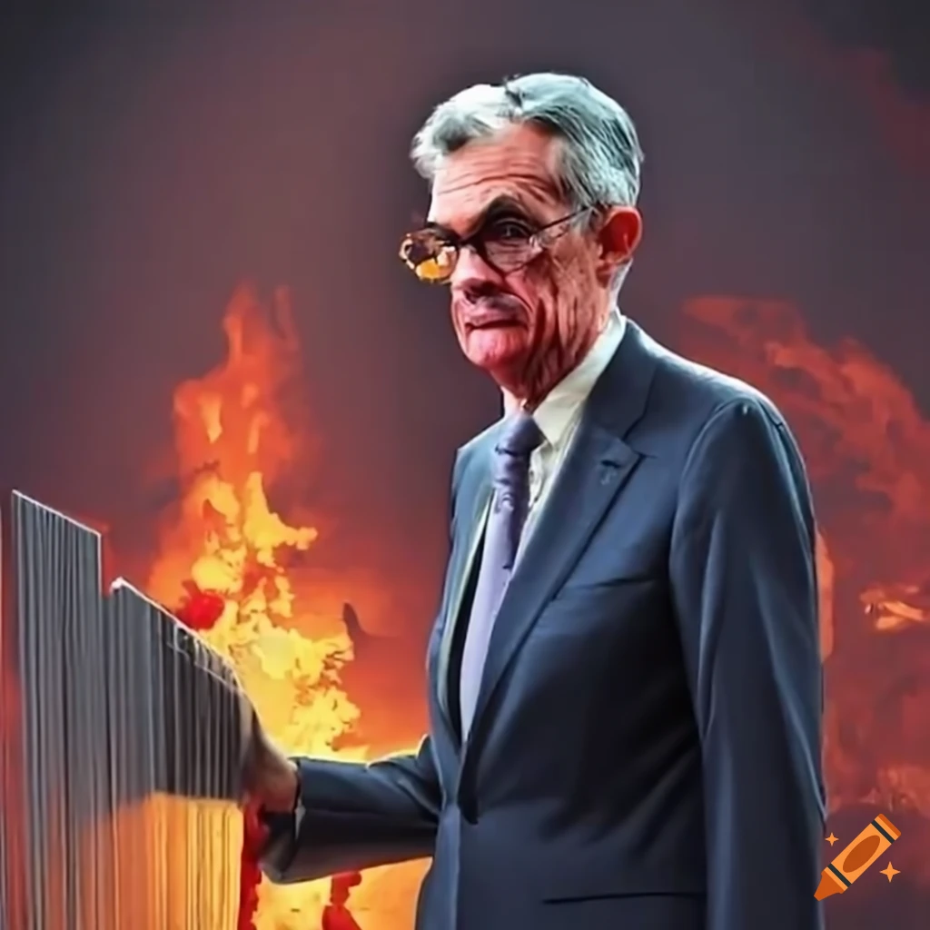image of Jerome Powell in front of burning Eccles Building