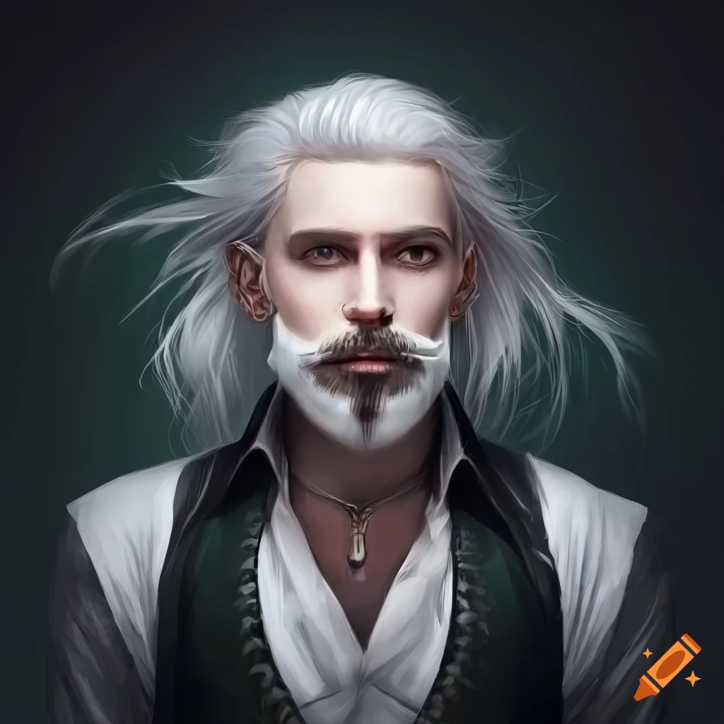 Conceptual art of a man with long white hair and beard in dark clothing