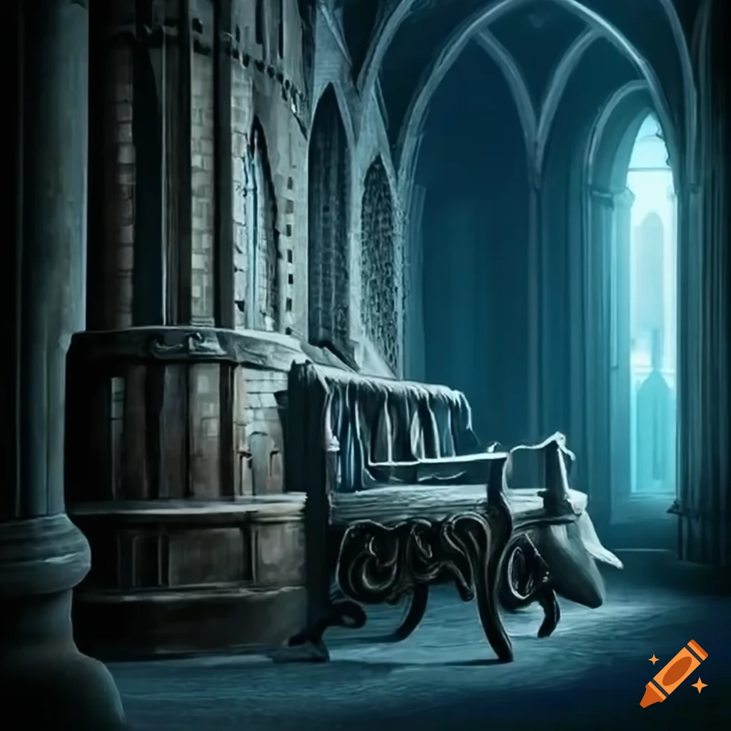 night corridor of Hogwarts with a hidden gift under the bench