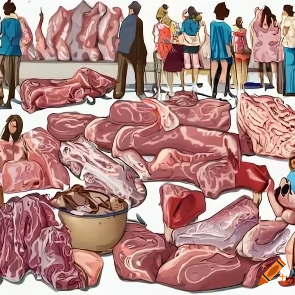 crowded street market selling large cuts of beef