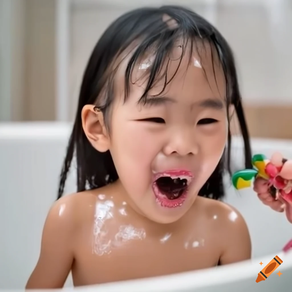 smiling Asian toddler girl enjoying bath time