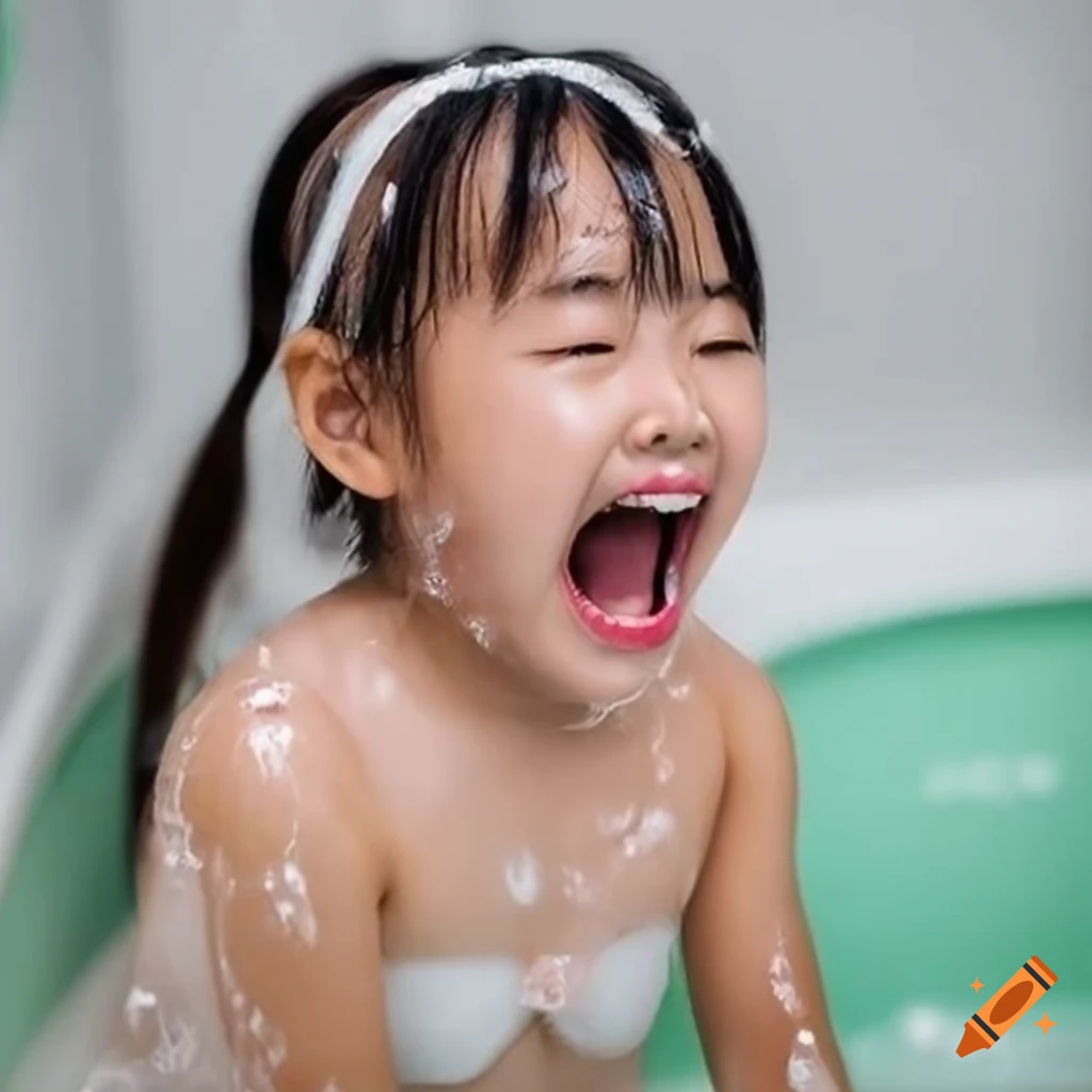 Asian toddler girl enjoying bath time