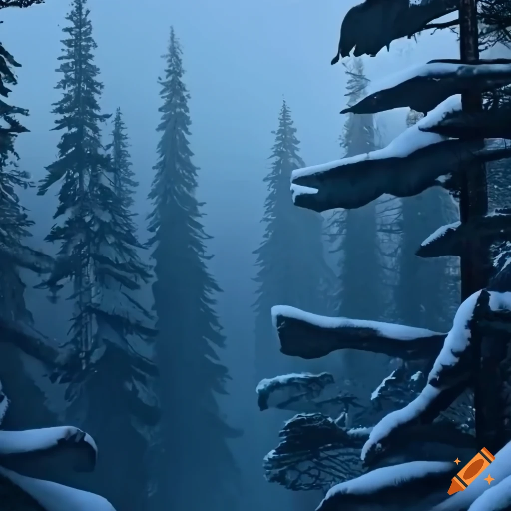 snowstorm in a pine forest with mountains in the background