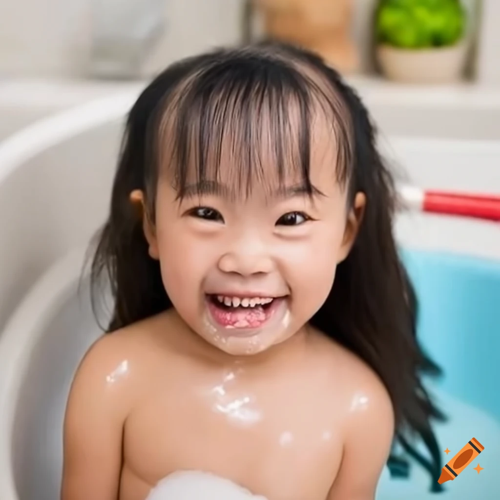 smiling Asian toddler girl enjoying bath time with pigtails