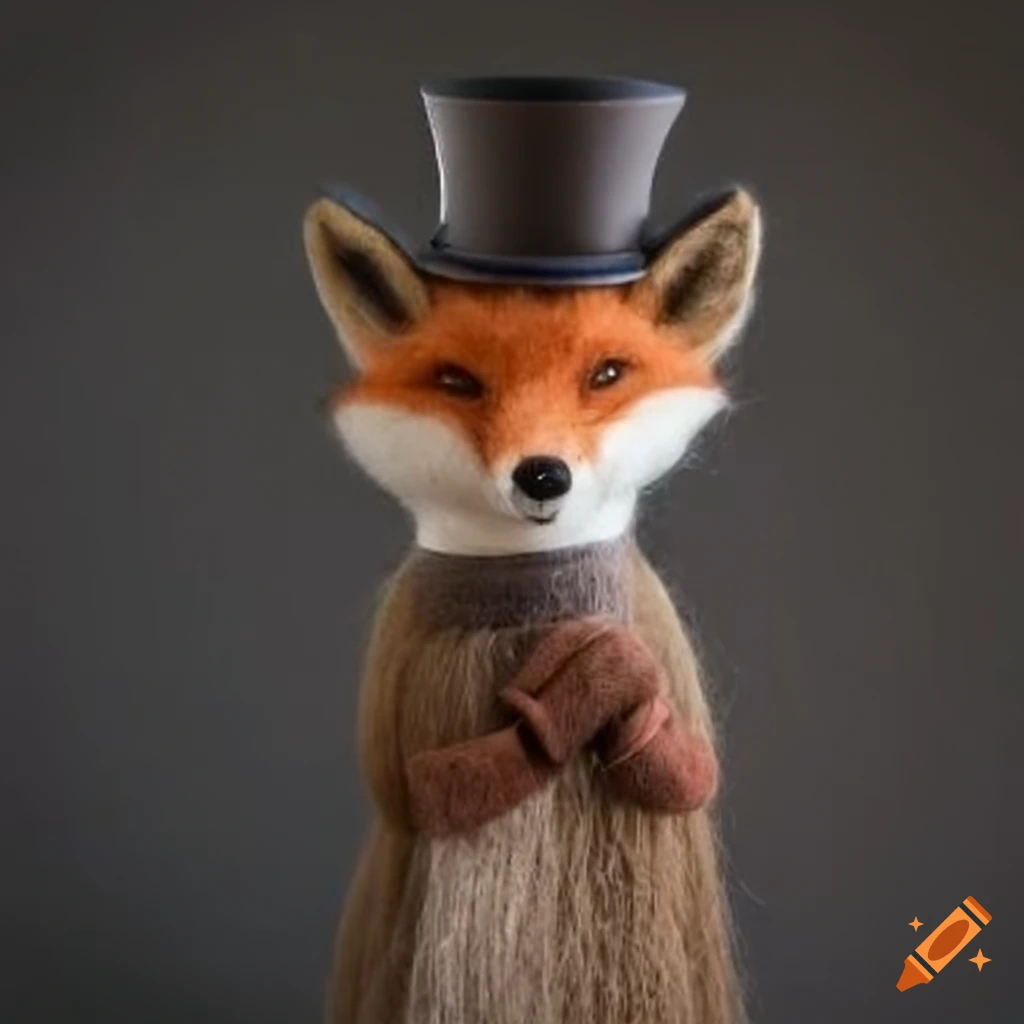 felted wool fox wearing a top hat