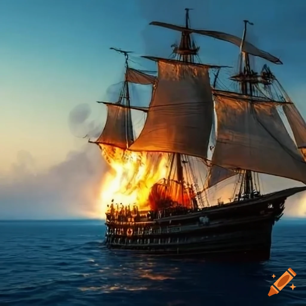 pirate ship sailing in the Caribbean under cannon fire