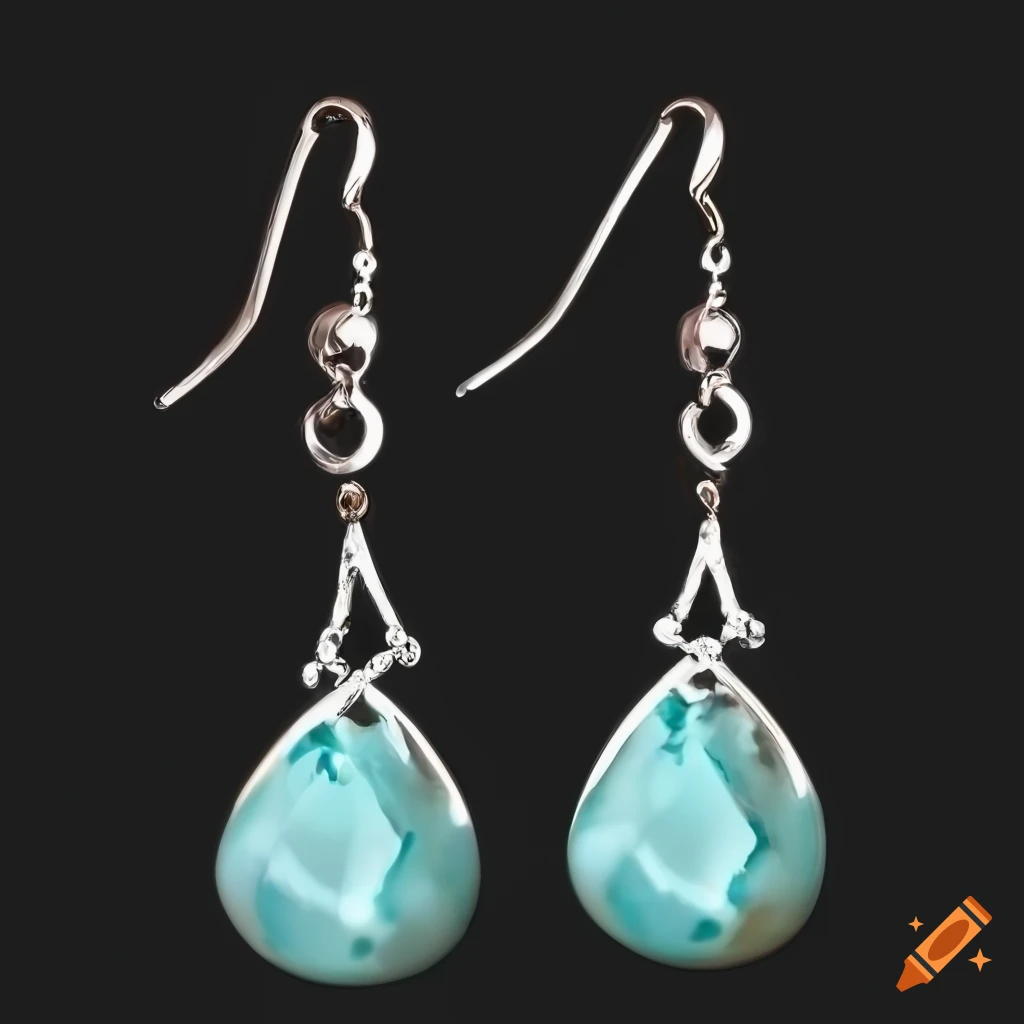 close-up of a silver teardrop earring with aquamarine koi and lotus carving
