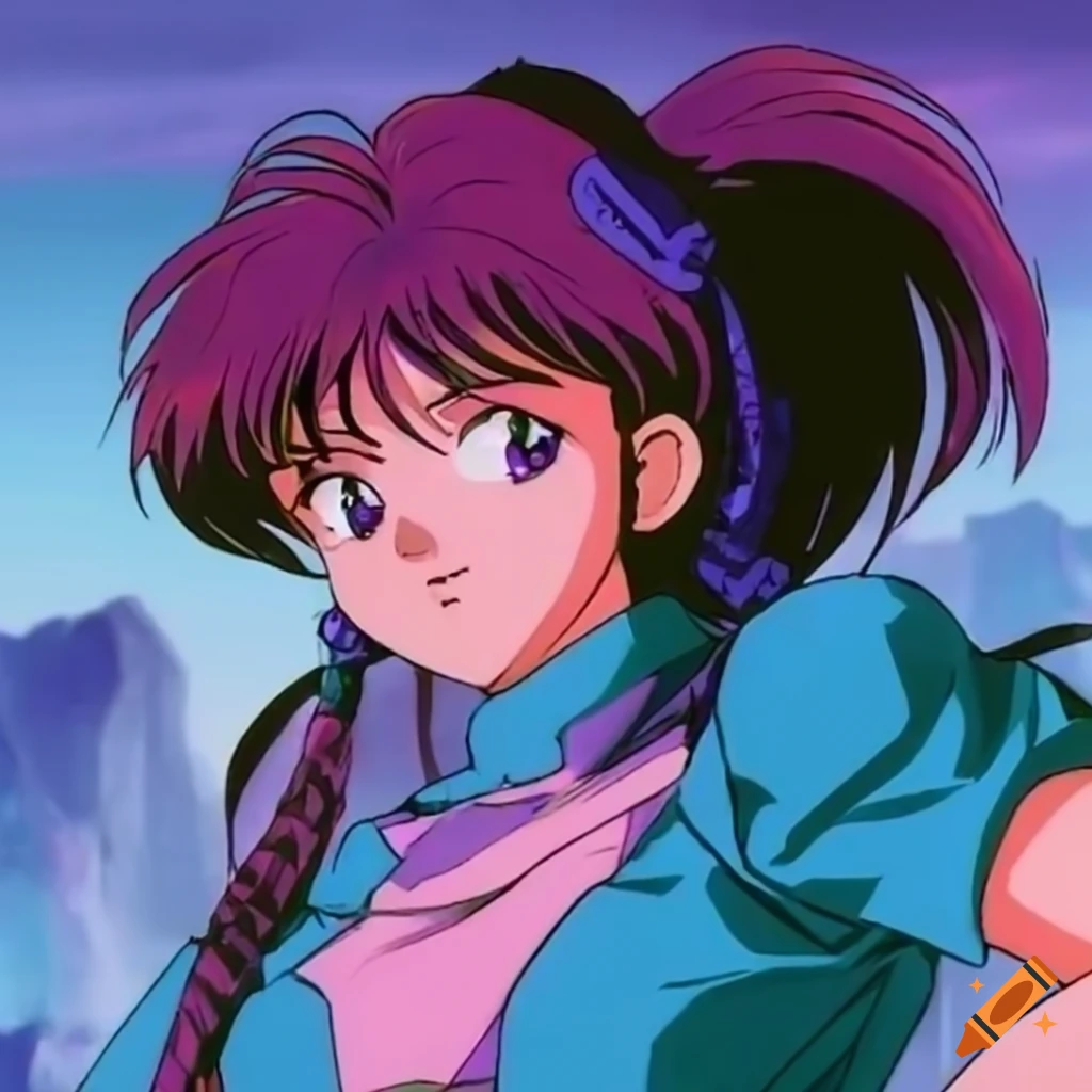80s anime girl battling a dragon with neon eyes