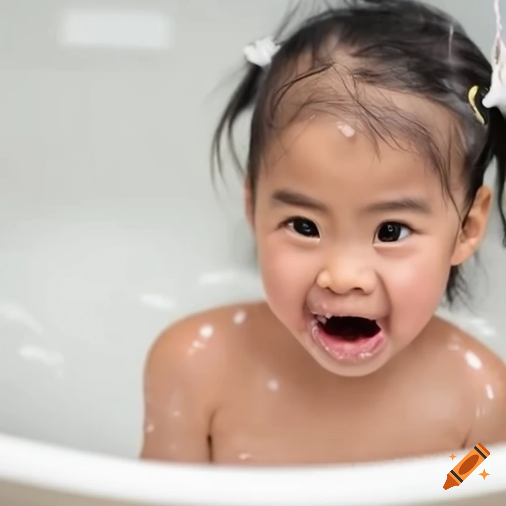 Asian toddler girl enjoying bath time with a white popsicle