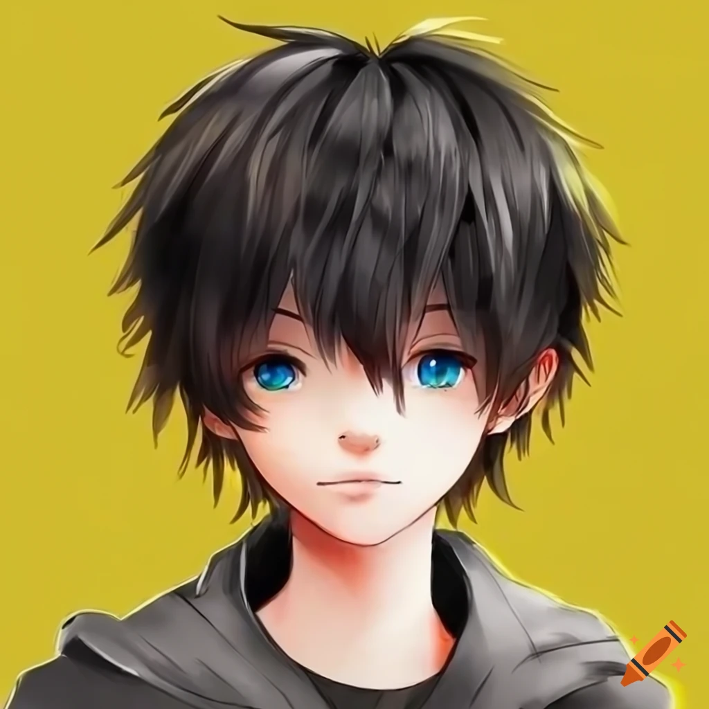 3d sketch of a cute anime boy in black and yellow