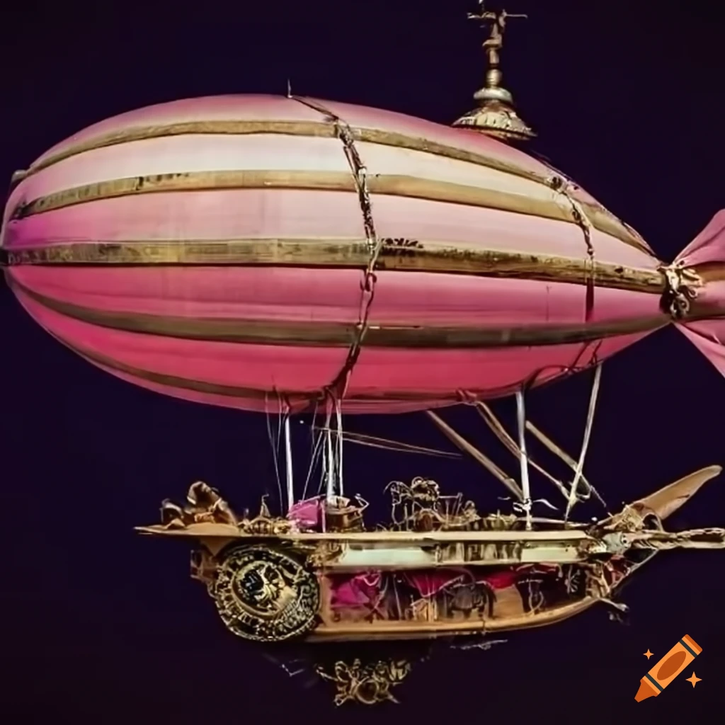steampunk airship with pink balloon
