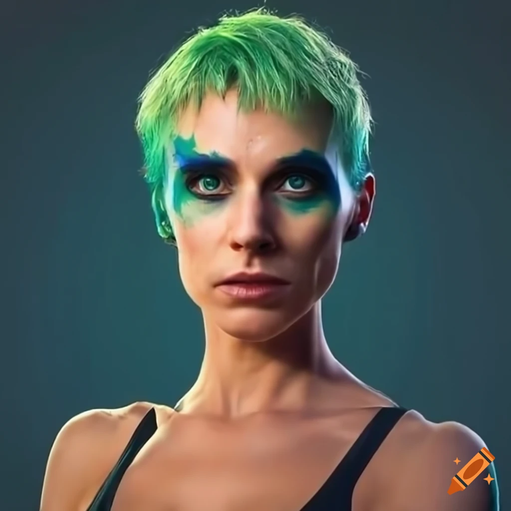 Digital Illustration Of A Futuristic Woman With Green Hair And Green Eyes 